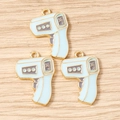Three light blue enamel thermometer gun charms with gold metal bases for DIY jewelry making - 10 Pieces Pack / Blue
