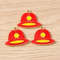 Macro detail of red enamel fire helmet charms with gold plating for jewelry DIY projects - Fire Hat / 10 Pieces Pack