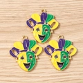 Detail of three colorful Mardi Gras clown mask charms in purple gold and green enamel - Smiley Joker Mask / 10 Pieces Pack / Yellow-Green