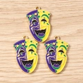 Macro shot of colorful Mardi Gras enamel mask charms for DIY jewelry making and crafts - Smile Mask / 10 Pieces Pack / Yellow & Purple