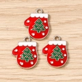 Macro detail of red Christmas glove pendants with green tree patterns for DIY jewelry making - 10 Pieces Pack / Silver Red Christmas Tree Glove