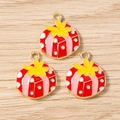 Detailed macro of colorful enamel Christmas gift box charms with golden alloy metal finish - 10 Pieces Pack / Christmas Red Gift Box