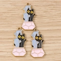 Three cute black cat and cactus enamel charms for DIY jewelry on light wood surface - Potted Cat Style / 10 Pieces Pack / Pink