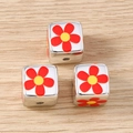 Silver square cube beads with red flower patterns for DIY jewelry making and crafts - 5 Pieces / Red Flower Square Bead