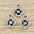 Three rhinestone cherry blossom flower charms with black enamel and silver metal base for DIY - 10 Pieces Pack / Black