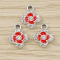 Three red cherry blossom charms with rhinestones for DIY earring and jewelry making - 10 Pieces Pack / Red