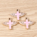 Details von rosa Emaille-Engelsflügel-Kreuzanhängern mit Vergoldung für DIY-Schmuck - Rosa