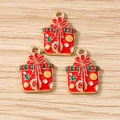 Détails de breloques boîte cadeau de Noël en émail rouge avec bordures dorées - Lot de 10 / Boîte Cadeau de Noël