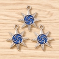 Detail of blue enamel octagonal star charms with tribal vortex design for DIY jewelry - 10 Pieces Pack / Silver Deep Blue