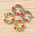Christmas wreath flower pendants with red berries and green enamel for DIY jewelry making - 5 Pieces / Multicolor