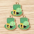 Detail view of St. Patrick’s Day green hat charms with shamrock and gold enamel finish - 10 Pieces Pack / Shamrock Hat