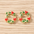 Detail of red berry and green leaf enamel flower wreath charms for jewelry making - 5 Pieces / Gold
