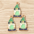 Macro view of St. Patrick's Day gnome charms with green hats and lucky four-leaf clovers - 10 Pieces Pack / Shamrock Gnome