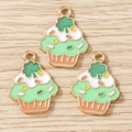 Detailed view of three enamel cupcake charms with St. Patrick's clover for DIY jewelry - 10 Pieces Pack / Cake
