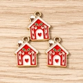 Pendentifs maison en pain d'épices de Noël en émail rouge et blanc et métal doré - Lot de 10 / Cabane de Noël