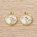 Detail of round gold angel charms with white pearl inlay and star accents for jewelry making - Gold White Angel