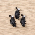 Three black feather charms with white imitation pearls for DIY jewelry making and crafts - 5 Pieces / Black