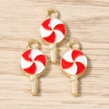 Detailed view of red and white spiral lollipop pendants with gold-plated metal loops - 10 Pieces Pack / Red