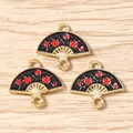 Détails des breloques émaillées noires en forme d'éventail avec motif de fleurs - Lot de 10 / Noir