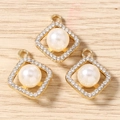 Macro view of three gold diamond geometric charms with pearls for DIY jewelry making - Gold