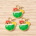 Detailed macro of tropical coconut drink charms with colorful enamel and golden frame - 10 Pieces Pack / Green