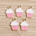 5pcs pink and white enamel cupcake charms with gold metal rim for DIY jewelry making - 10 Pieces Pack / Pink