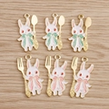 Set of six rabbit enamel metal charms with gold spoons and forks on wood background - Mixed Style / 10 Pieces Pack / Multicolor