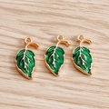 Three green enamel maple leaf pendants with gold metal bases for DIY jewelry making - Green