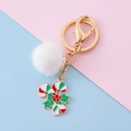 Christmas keychain with white pompom and candy cane enamel charm on gold metal ring - Candy Cane