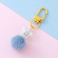 Sky blue plush ball keychain with iridescent star bead and gold lobster clasp - Blue