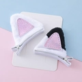 Cute plush cat ear hair clips for girls in black and white with pink glitter details - White Style 2