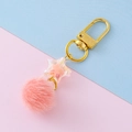 Star charm keychain with light pink faux fur pompom and golden lobster clasp - Pale Green