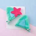 Cute mint green plush cat ear hair clips with blue sequins and a pink star for girls - Green