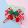 Barrette à cheveux avec nœud en tissu vichy rouge et décor cerise en peluche - Petit Nœud Vichy Cerise à Pompon (Style 12#)