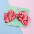 Barrette à cheveux nœud en vichy rouge avec pendentif cerise sur carte support - Nœud à carreaux rouge et blanc avec pendentif cerise (Style 15)
