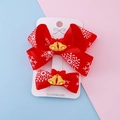 Christmas red bow hair clips set with white snowflake prints and golden bells - Bells Bow / Bell Bow Hair Clip