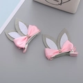 Paire de jolies pinces à cheveux oreilles de lapin avec nœuds roses et strass brillants - Gris