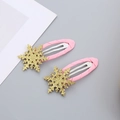 Pink quilted fabric BB clips with golden glitter snowflake decorations for girls - Pair of BB Clips