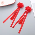 Pair of red Chinese floral hair clips with tassels and pearls for girls - Red Flower Tassel Hair Clip / Red