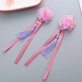 Pink handmade flower hair clips for girls with purple tassels and silk ribbons - Lavender Flower Tassel Hair Clip / Lilac