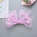 Pink tulle bow hair clip with decorative pompoms for children festival performances - Light Pink
