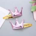 Pink glitter crown BB hair clips for girls featuring shiny PU leather and golden metal base - 1 Pair / Light Pink