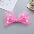 Pink mesh bow hair clip for girls with soft pom-poms and silver metal alligator clip - Deep Pink