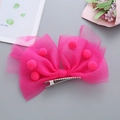 Exaggerated rose pink mesh bow hair clip with soft pom poms for girls' festival party - Rose Red