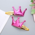Paio di mollette per capelli a corona rosa per bambine in pelle PU e metallo dorato - 1 Paio / Rosso rosa