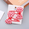 Red and white checkered bow hair clips for girls, set of 2 with pink metal clips - Red Bow