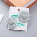 Set of two light blue floral hair clips with green striped center and mint green clips - Bean Green Flower