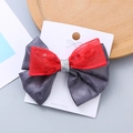 Fiocco per capelli fatto a mano in pizzo rosso con paillettes e motivo jacquard grigio - Base Grigia Rossa