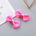 Pair of bright pink satin polyester bow hair clips for girls with non-slip duckbill grips - Rose Red