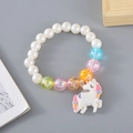 Kids elastic colorful bead bracelet with white unicorn charm and iridescent beads - White